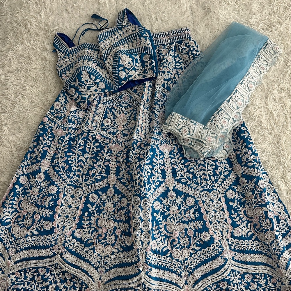 Blue and White Embroidered Lehenga with Dupatta